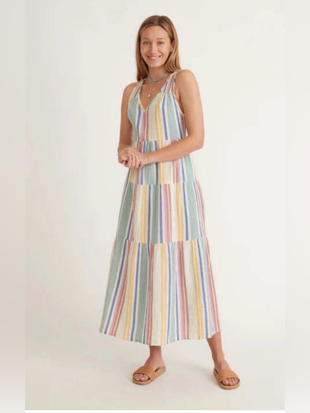 Marine Layer Corinne Rainbow Striped Tiered Maxi Dress 100% Cotton Size Large